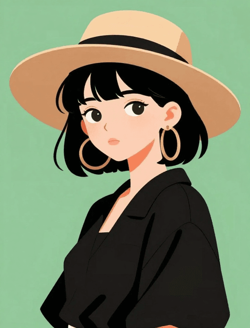 时尚插画素材：自信短发少女戴大草帽，时尚插画风绿色背景