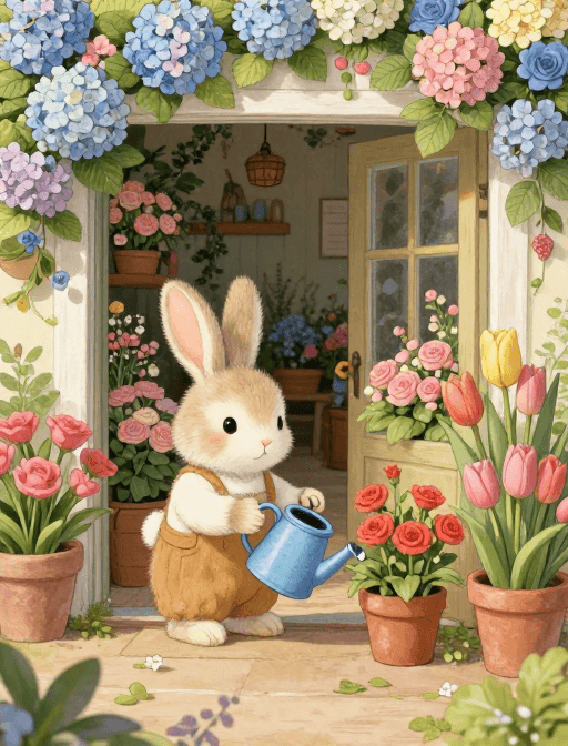 温馨氛围素材：治愈童心：暖心小兔子的花店插画