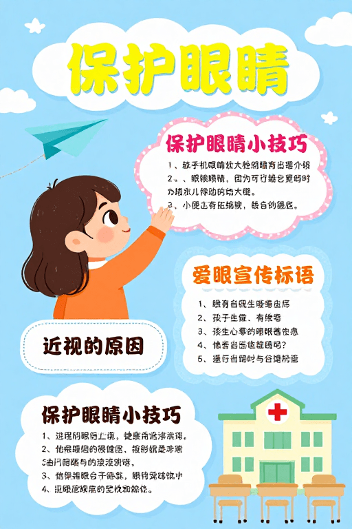 护眼宣传素材：童趣守护光明：儿童护眼宣传卡通海报