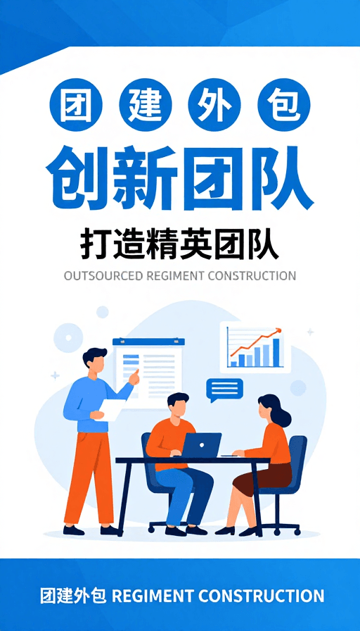 青蓝色调素材：扁平化插画企业培训海报：创新团队与外包建设