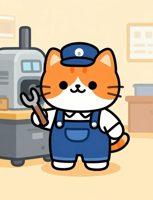 工厂场景素材：橘猫机械师：工厂车间的可爱卡通形象