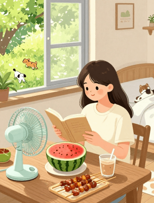 温馨插画素材：夏日午后悠闲时光：女生阅读与宠物相伴的温馨插画