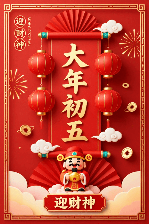 卡通财神素材：新春迎财神·传统中国红富贵插画海报