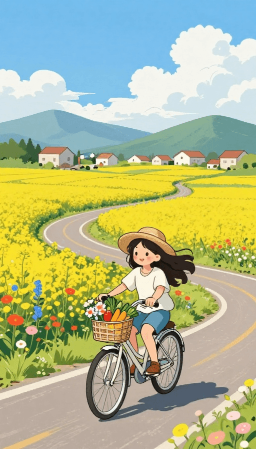 色彩鲜艳素材：治愈系漫画：少女骑行花田间，清新田园风光