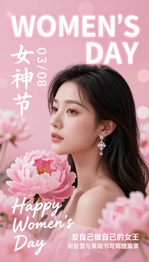 花卉摄影素材：粉色梦幻·女性力量海报：女神节特别呈现