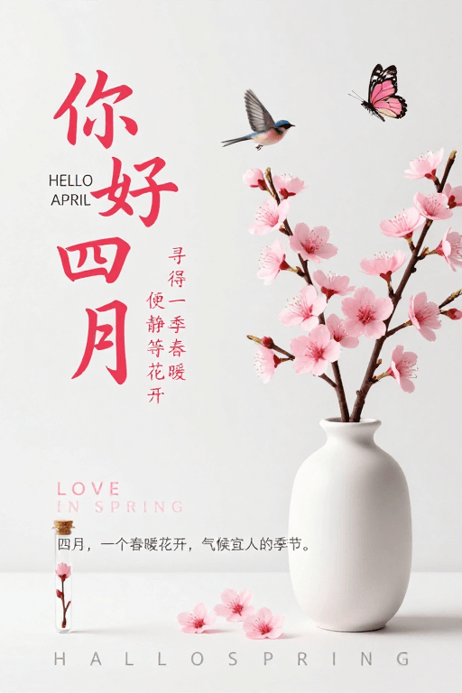 樱花元素素材：春日简约海报：你好四月，静待花开