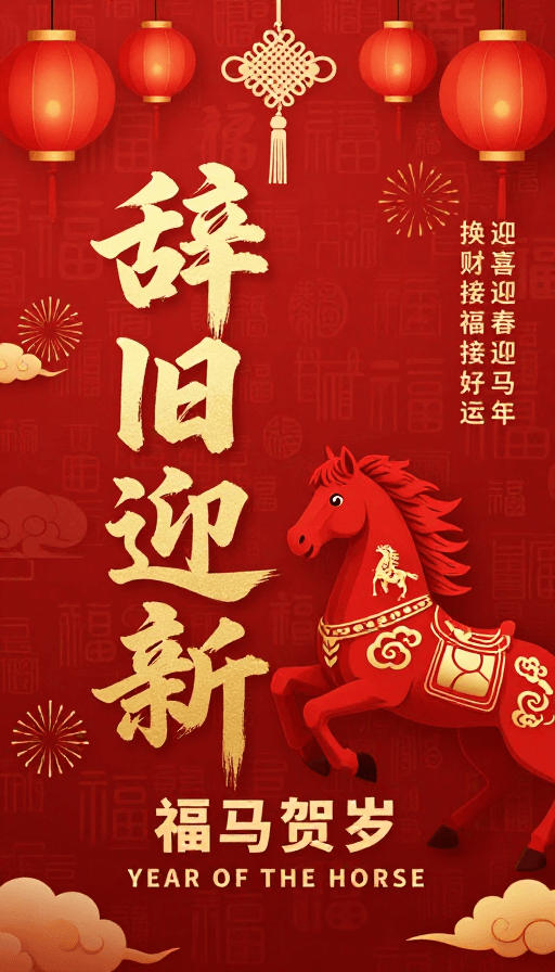 春节贺岁素材：红金中国风新年海报，金马奔腾贺岁