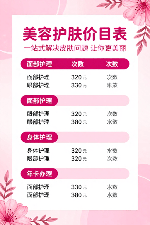 价格展示素材：粉色清新美容价目表海报，专业解决肌肤问题
