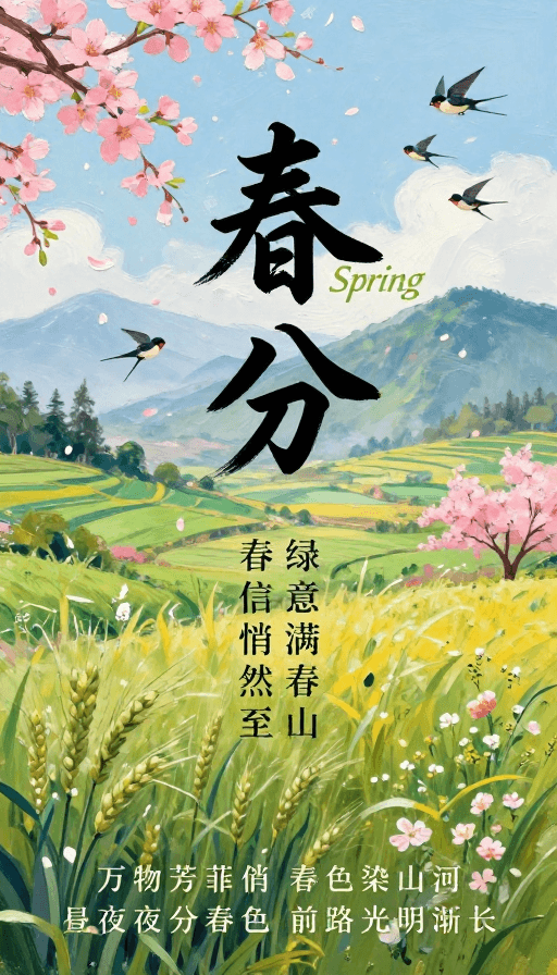 水墨书法素材：春分诗意：手绘春色插画海报