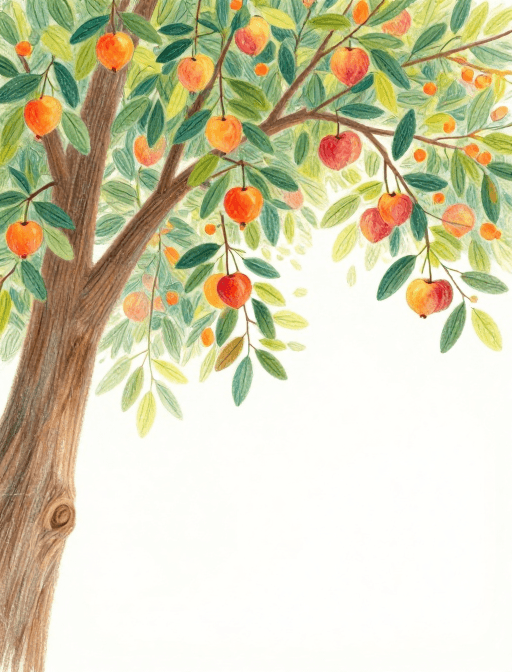 郑晓嵘风格素材：彩色铅笔温暖果园角落插画