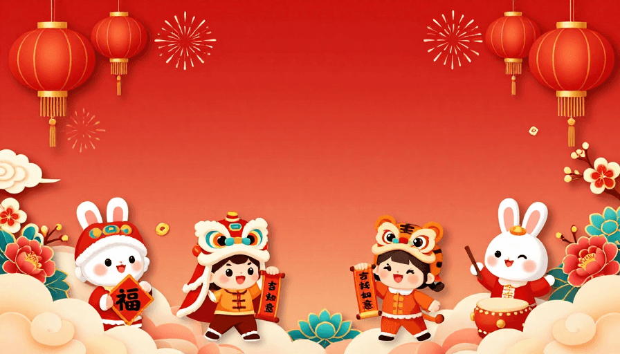 矢量设计素材：喜庆中国风新年插画：红金渐变与Q版角色欢庆