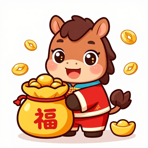 好运寓意素材：喜庆吉祥的卡通福马，手持金元宝寓意好运