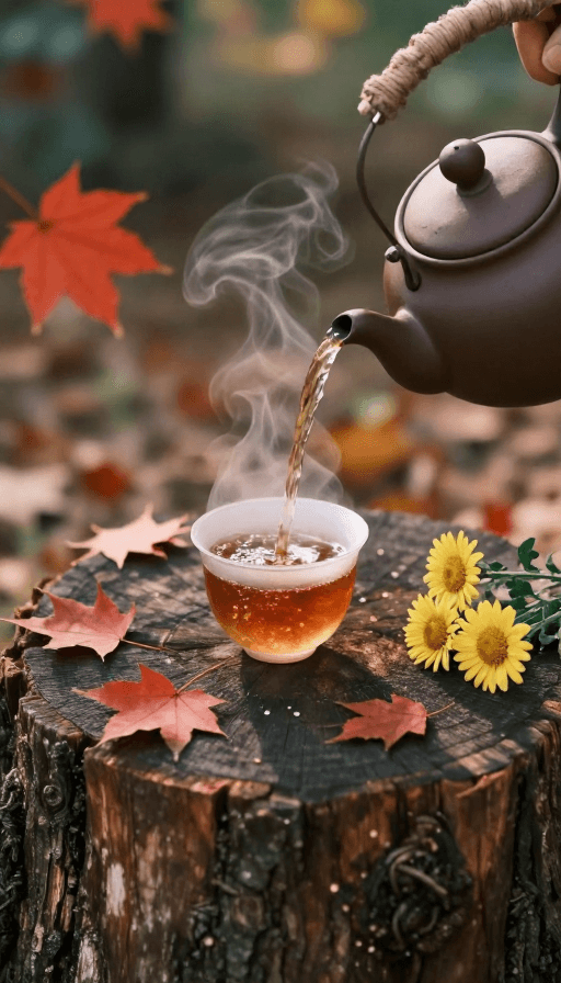 红叶点缀素材：秋日茶韵：琥珀茶汤与野菊点缀的静谧时光