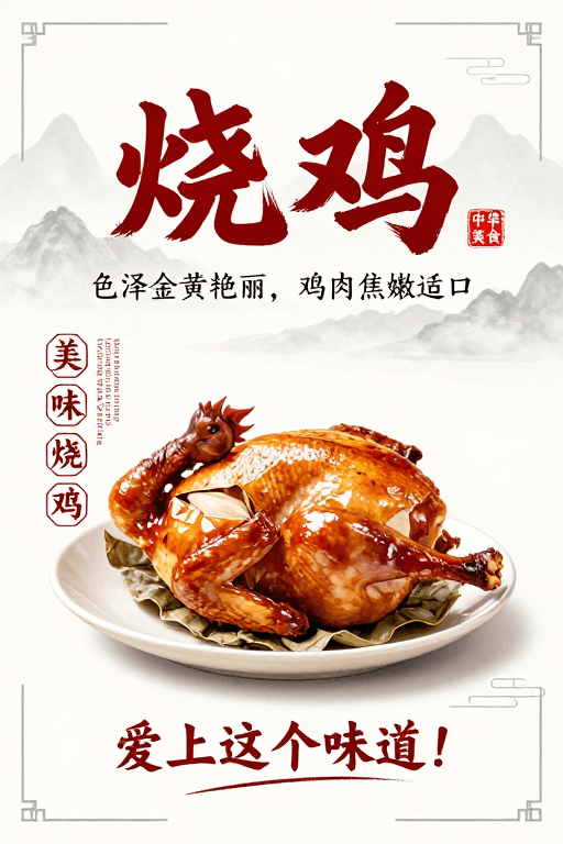 中式美学素材：中式美学烧鸡海报：金黄诱人，传承中华味道