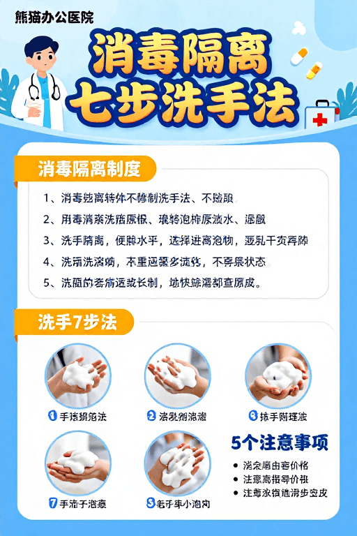 清新专业风格素材：专业清新医疗海报：消毒隔离七步洗手法