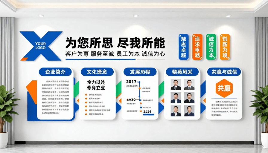 信息排版素材：现代企业形象文化墙：蓝橙绿活力配色方案