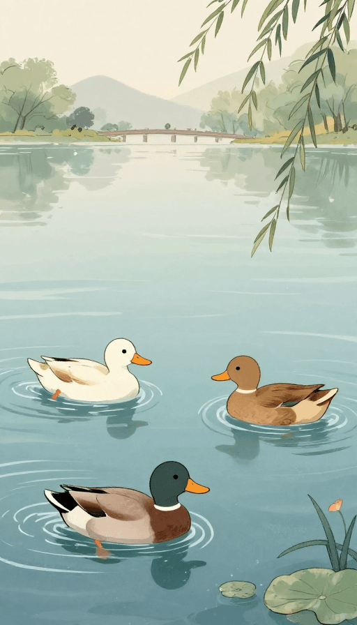 插画素材：春江嬉戏鸭：古风漫画中的灵动水景
