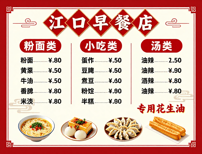中式风格素材：传统中式红白配色的早餐菜单海报