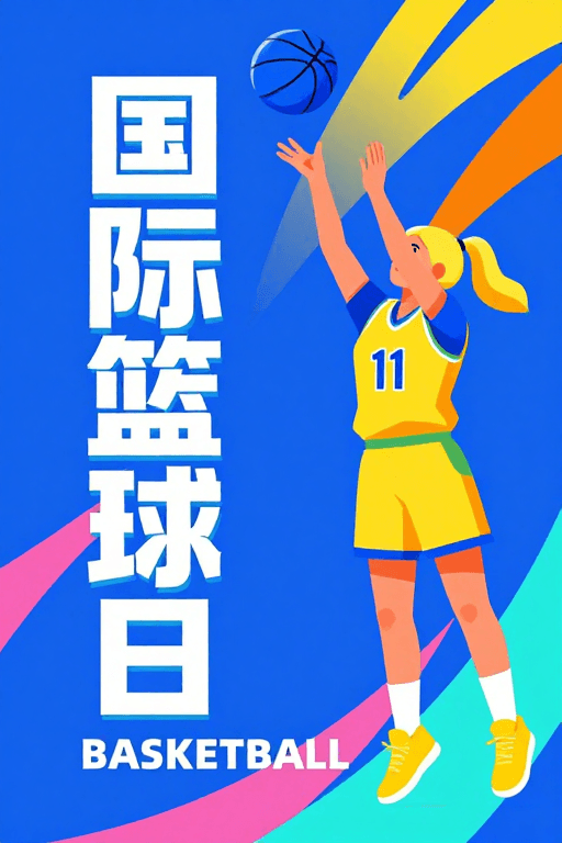 高饱和度撞色素材：国际篮球日：活力撞色运动海报