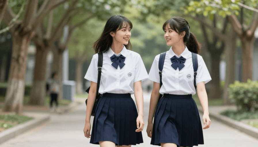 自然光拍摄素材：青春校园：两位校服女孩漫步时光