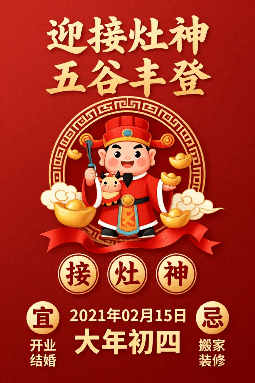 日历海报素材：传统灶神祈福海报：春节吉祥中式设计