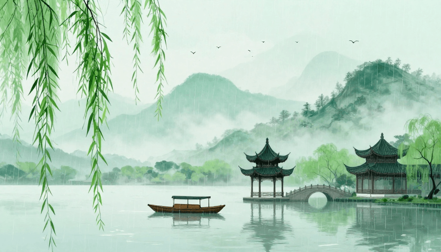 园林建筑素材：烟雨江南·青绿山水意境插画