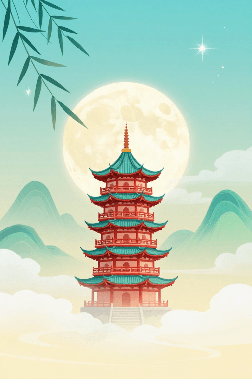 装饰背景素材：东方宝塔夜景：新国风极简意境插画