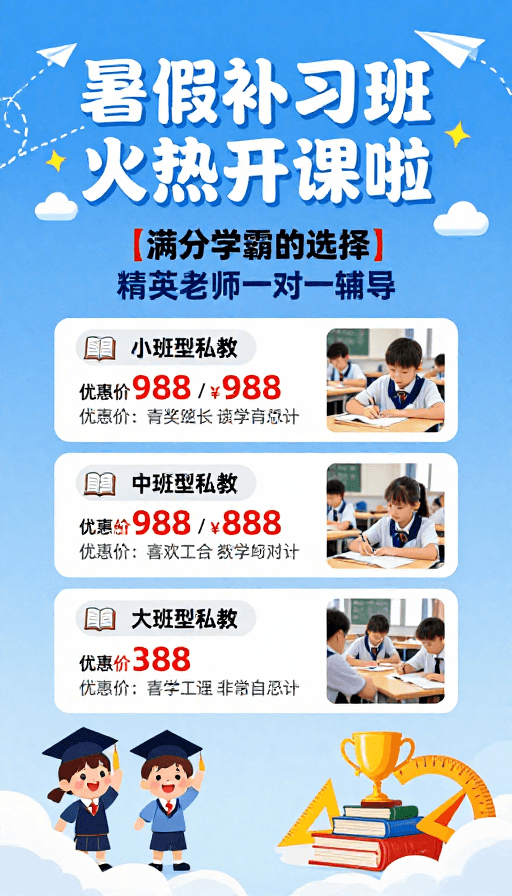 清新插画素材：暑假补习班火热开课！精英辅导 学霸之选