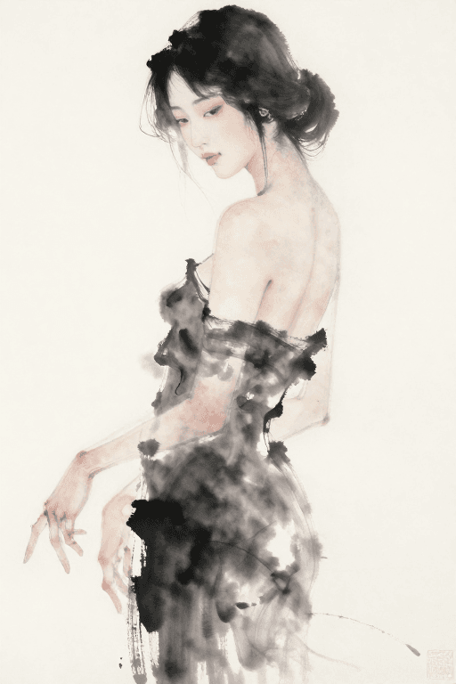 写意风格素材：水墨洇染之美：写意女性人物画意境