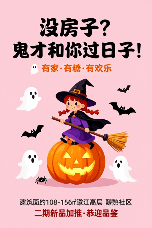 万圣节主题素材：没房？鬼才过日子！粉色万圣节地产海报