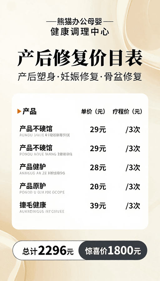 医疗宣传素材：简约高级母婴产后修复价目表海报