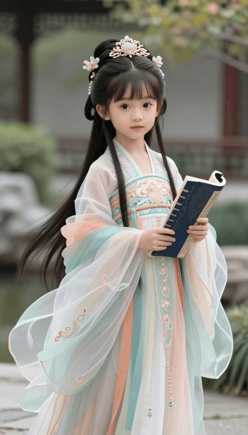 儿童肖像素材：七岁古风少女：薄纱书香映古园