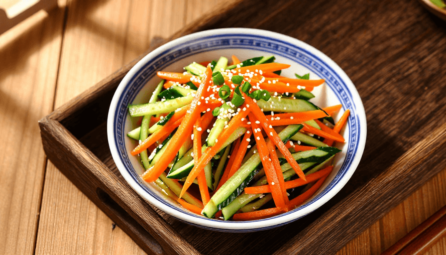 餐饮宣传素材：青花瓷碗凉拌菜：橙绿脆嫩夏日清凉佳肴