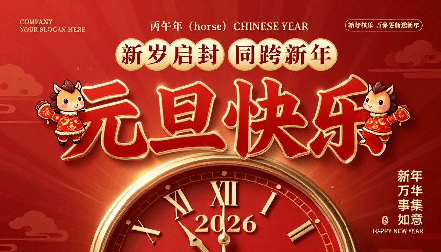复古钟表素材：中国风新年贺卡：红色双马插画元旦海报