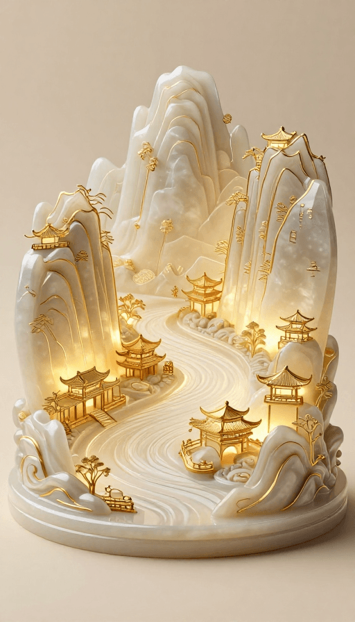 传统元素素材：微缩漓江山水超现实秘境，鎏金与玉石交织的3D艺术