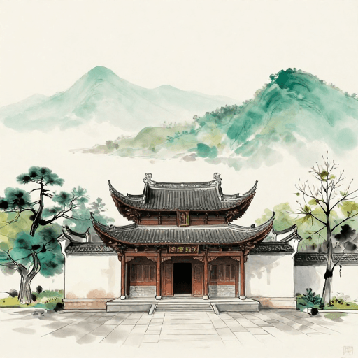 文化传承素材：国潮水墨风衢山古建山水画卷