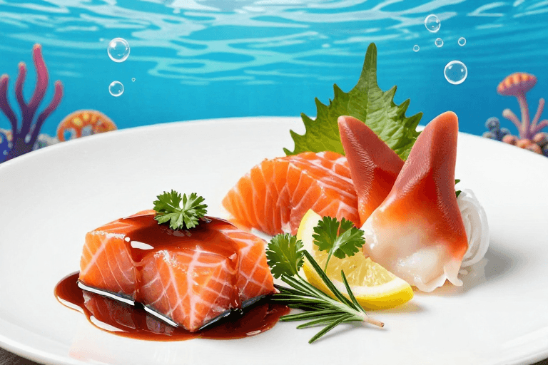 泳池背景素材：泳池畔的精致三文鱼盛宴，高端美食海报
