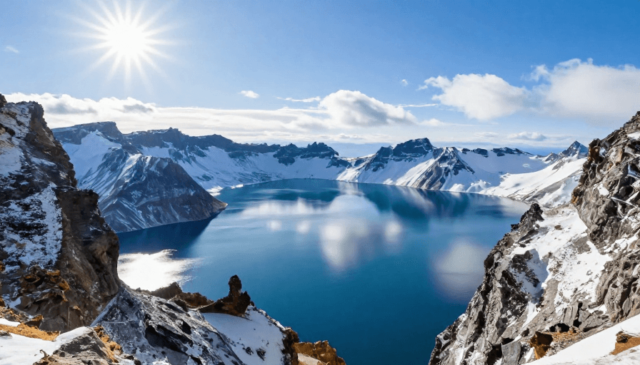 商业广告素材：天池火山口湖景：深蓝湖水映雪峰蓝天