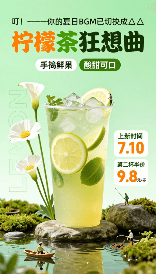 微观生态素材：清新梦幻夏日柠檬茶狂想曲促销海报