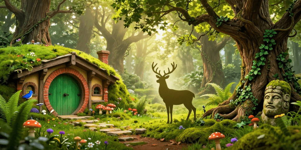 生态景观素材：奇幻绿门秘境：苔藓森林与霍比特小屋的梦幻之旅