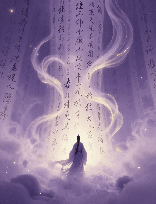 仰视视角素材：紫雾墨韵：古风立体书法的浪漫意境
