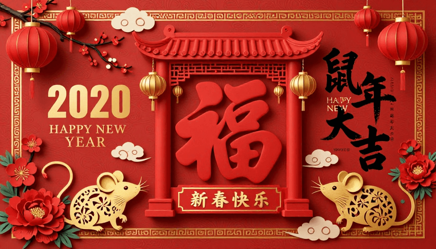 鼠年大吉素材：2020鼠年新春海报：立体福字与红金中国风设计