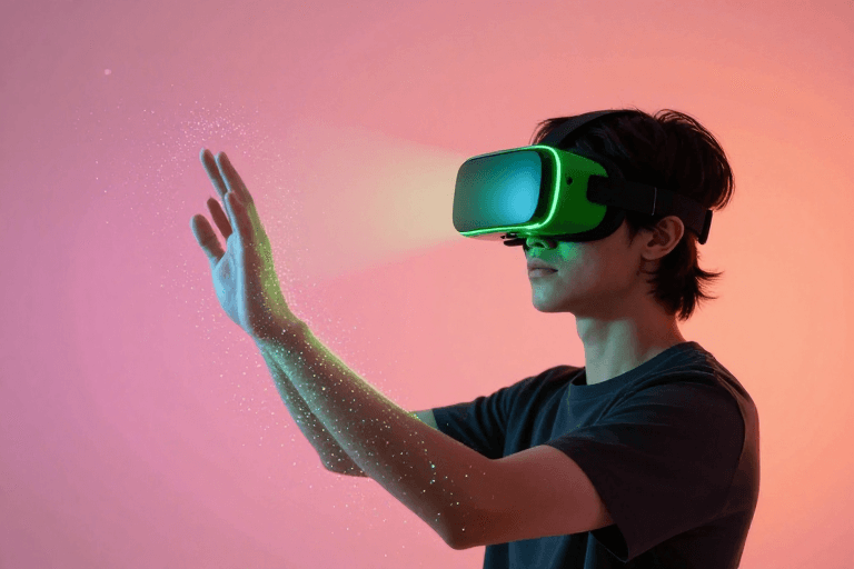 虚拟现实素材：未来感VR交互：人物粒子崩解的霓虹光影广告