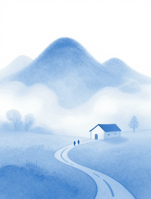 乡村风景素材：极简蓝调·治愈乡村：云雾山径的静谧插画