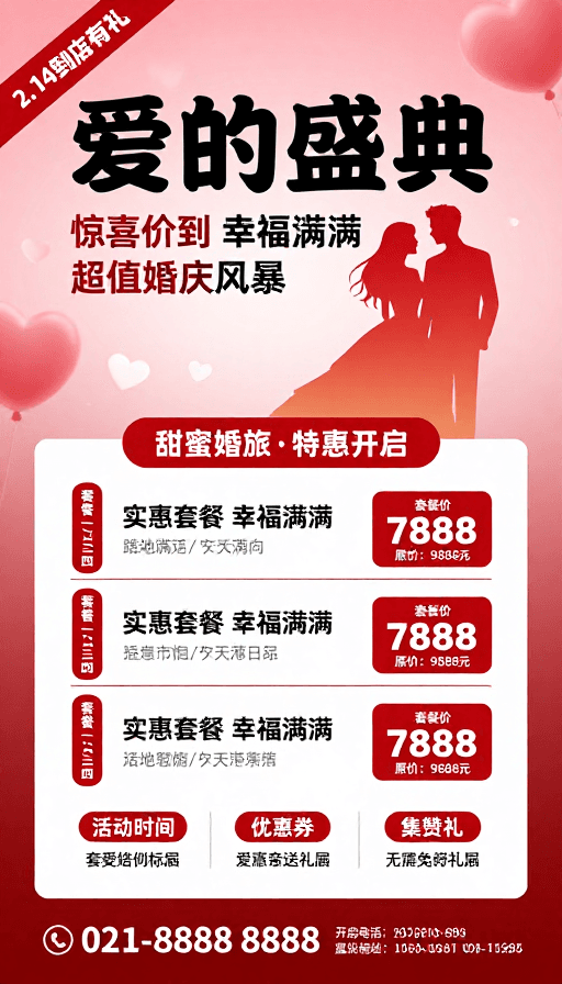 情侣插画素材：红浪漫婚礼促销：甜蜜庆典与超值套餐