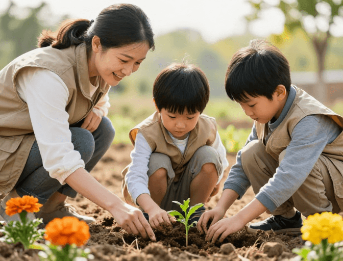 亲子教育素材：亚洲儿童专注种植幼苗的温馨亲子时光