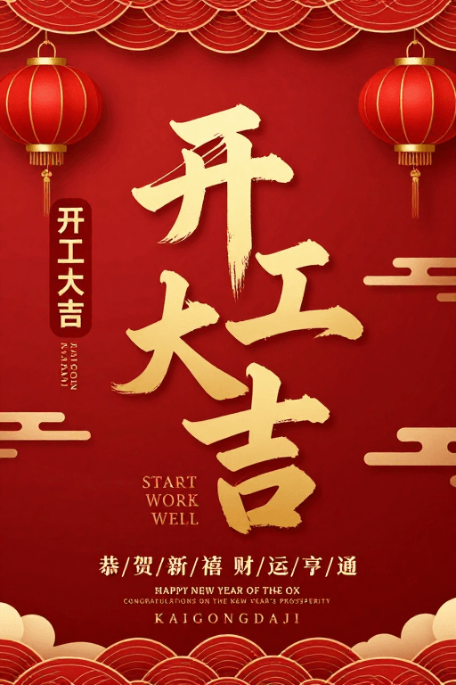 新年开工素材：红金中国风新年开工大吉立体书法海报