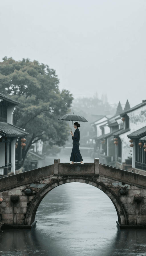 人文摄影素材：烟雨江南孤影：女子撑伞过石桥的诗意瞬间