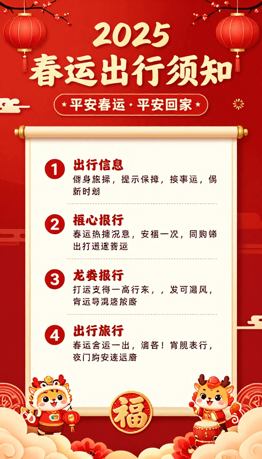 中国风海报素材：2025新春平安出行指引 · 春运安全海报