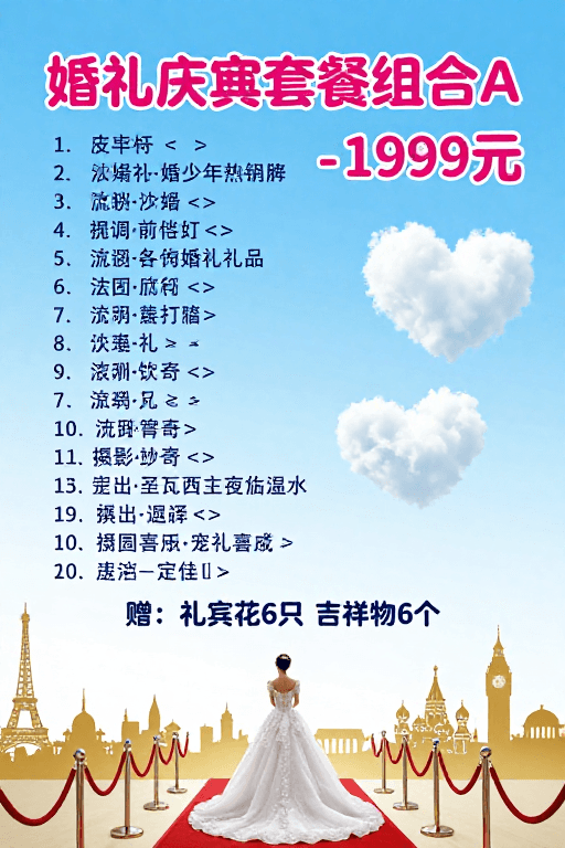 浪漫氛围素材：婚礼庆典特价套餐A：浪漫婚嫁优惠海报